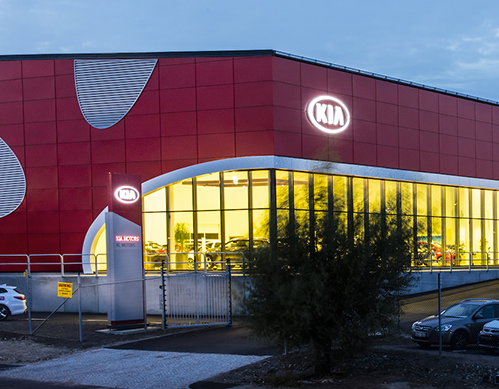 Fasad och skylt hos Kia Motors